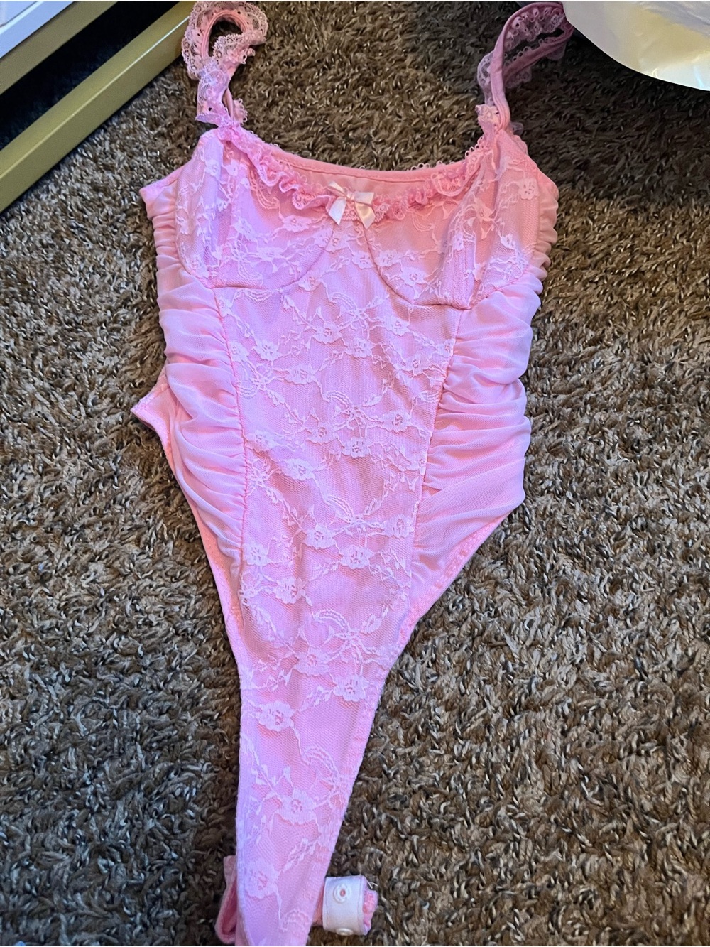 SHEIN Pink Lace Ruffle One-Piece Bodysuit